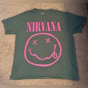 NIRVANA Tee with Smiley Graphic in Dark Green and Neon Pink